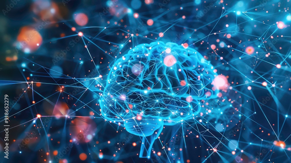 Poster a stylized image of a brain in a network of interconnected lines and dots, representing the concept 