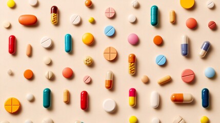 Colorful assortment of various pills and capsules on a beige background
