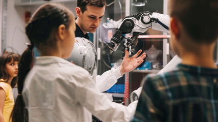 Real scientist teaching children about robotics, showcasing a robotic arm in the laboratory