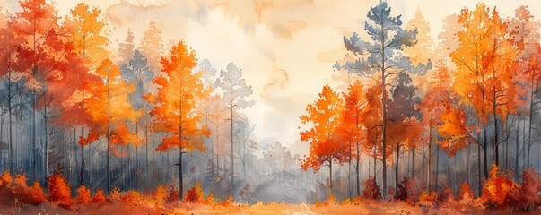 Abstract autumn forest with golden light in watercolor.