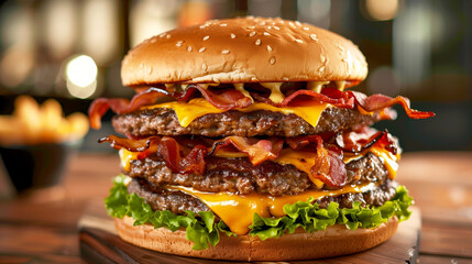 Delicious triple cheeseburger with crispy bacon and fresh toppings on a wooden table. Generative AI.