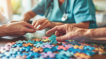 Elderly patient with Alzheimer's disease playing alphabet puzzle, assisted by nurse in retirement home