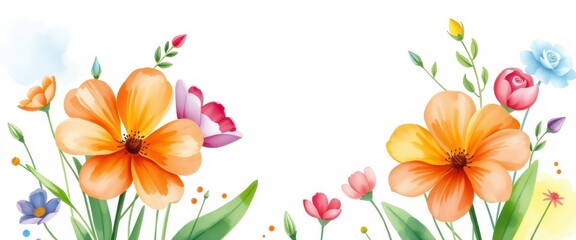 Obraz premium Watercolor Floral Border with Orange Flowers.