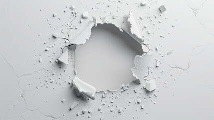 Rough hole torn through a spotless white wall, cut out, displaying broken plaster and dust