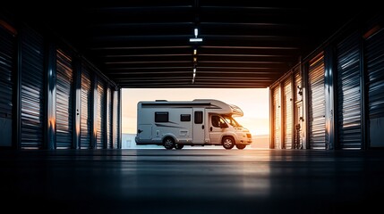 Motorhome in Storage Facility at Sunset
