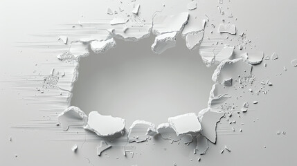 Obraz premium Roughly torn hole in a white wall, cut out, with jagged edges and scattered debris