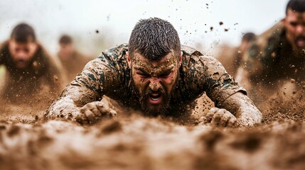 Determined Man Crawling Through Mud During Obstacle Course