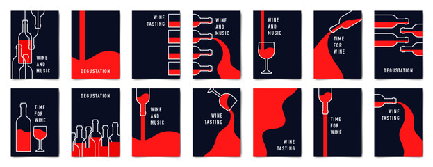 Wine tasting. Set of minimalist poster designs in red, white and blue colors. Vector illustration of a wine bottle and glasses.	