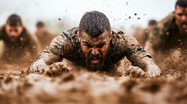 Determined Man Crawling Through Mud During Obstacle Course