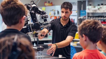 Scientist encouraging children in robotics career, showing robotic arm during lab field trip