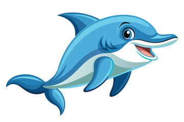 A smiling cartoon dolphin, playfully leaping through the water, exuding happiness and charm.