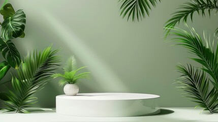 A white round podium sits on a green background with sunlight and greenery.
