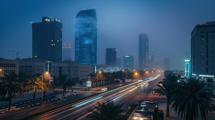 Obraz premium Cityscape with Skyscrapers and Palm Trees at Dusk