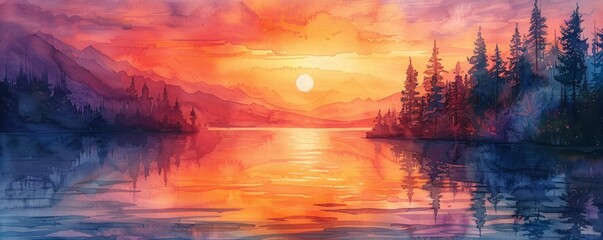 A painting of a sunset over a lake with trees in the background