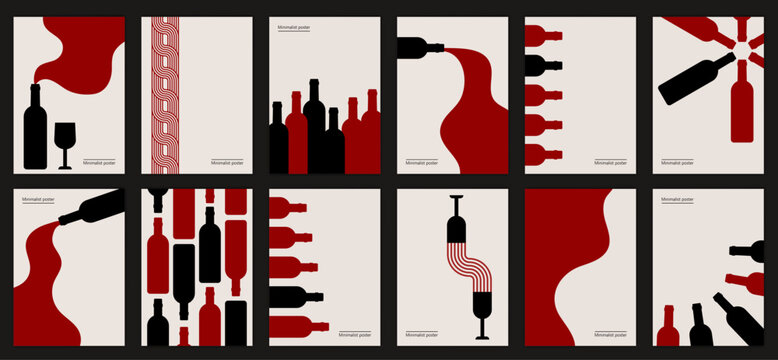 Vector illustration depicting bottles of wine and glasses. Set of minimalist posters design in red and black colors. Abstract wall art.	