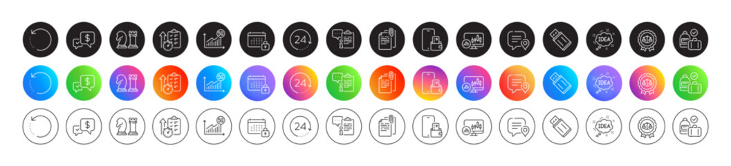 Document attachment, Timer and Justice scales line icons. Round icon gradient buttons. Pack of Clipboard, Chat bubble, Calendar icon. Vector