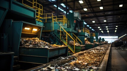 A smart recycling facility where AI sorts waste, robotic systems dismantle electronics, and advanced technologies maximize resource recovery
