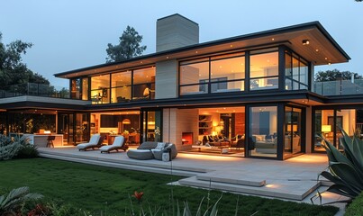 Obraz premium Contemporary beach house with large windows.