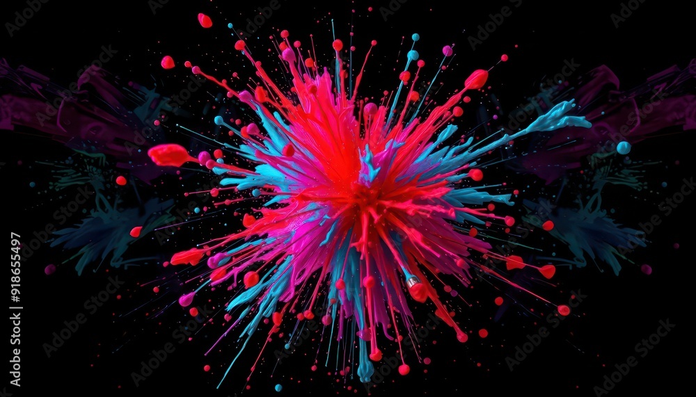 Poster abstract colorful paint explosion on black background.