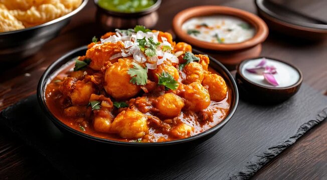 Traditional Indian food Dum Aloo: Baby potatoes cooked in a rich, spiced tomato-based gravy, garnished with fresh cilantro and onions, served with sides like raita.