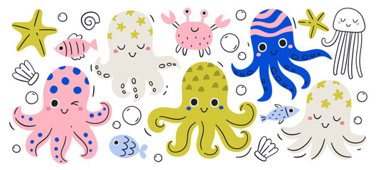 Cute hand drawn octopus colorful kawaii characters smiling underwater creature emoji drawing set