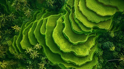 Fototapeta premium Lush green rice paddies, shaped like waves, are bordered by palm trees in this aerial view.