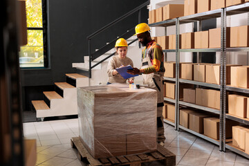 Diverse warehouse coworkers analyzing customers orders document, preparing packages for shipping using cardboard boxes in storage room. African american team working in storehouse
