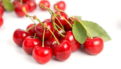 Bunch of Fresh Cherries with Stems and Leaves on White Background