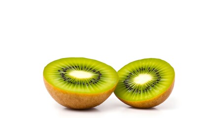 Halved Green Kiwis Fruit on White Background Highlighting Vibrant Interior and Black Seeds