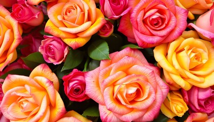 Close-up of colorful roses with vibrant pink, yellow, and orange petals and Green Leafs 