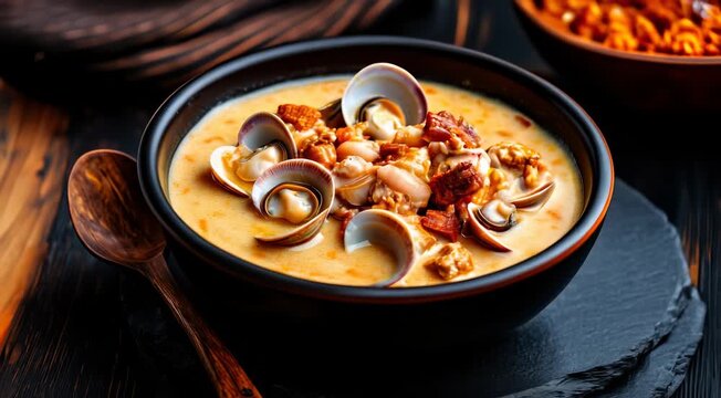 Traditional American food Clam Chowder. This dish features a creamy soup with clams, chunks of potatoes, bacon bits, and a rich broth. It is served in a black bowl.