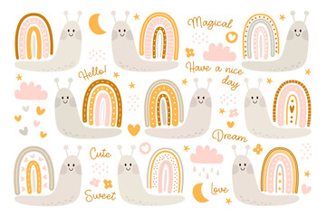 Funny childish snails with colorful rainbows on back and cute handwritten lettering design set © Mykola Syvak