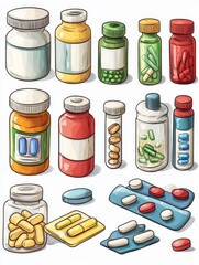Collection of Hand Drawn Medication Bottles and Pills