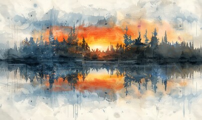Watercolor abstract twilight reflections on white.