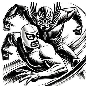 Two masked Mexican wrestlers. Black and white illustration.