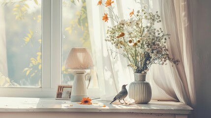 Two vases filled with white and light purple flowers on a white table with a white bird figurine. A white lamp is in the background.