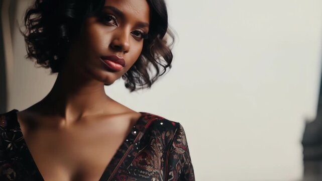 A tilted shot of a models elegant profile as she looks off into the distance wearing a vibrant patterned jumpsuit.