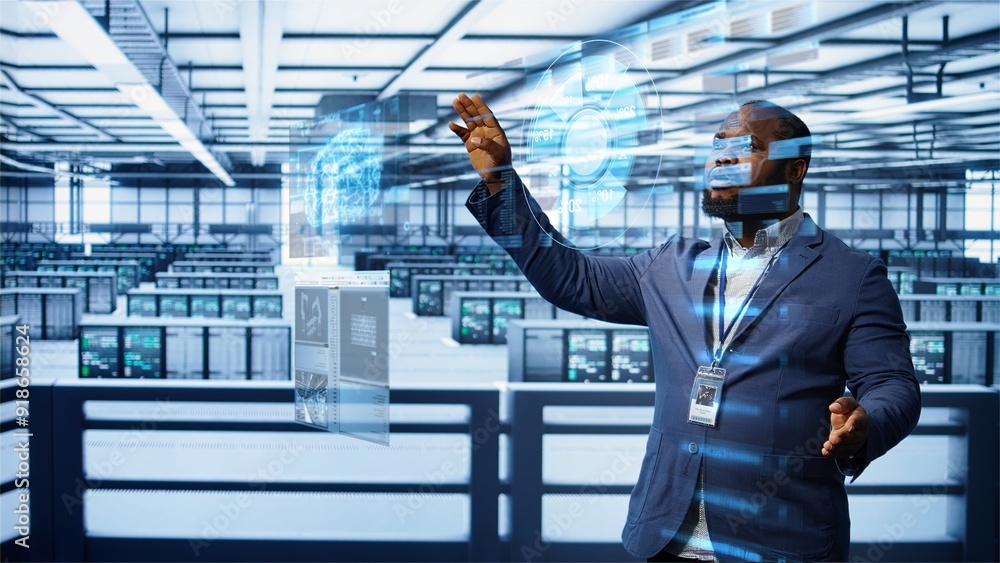 Poster engineer using augmented reality tech in data center, installing software, troubleshooting issues. a