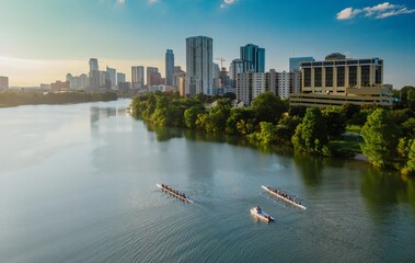 Rowing on the Colorado River in downtown Austin, Texas, United States.