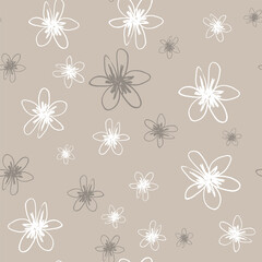 Seamless floral pattern with stylized daisy flowers. Hand drawn linear doodle sketches. Monochrome white and gray silhouettes on beige background.
