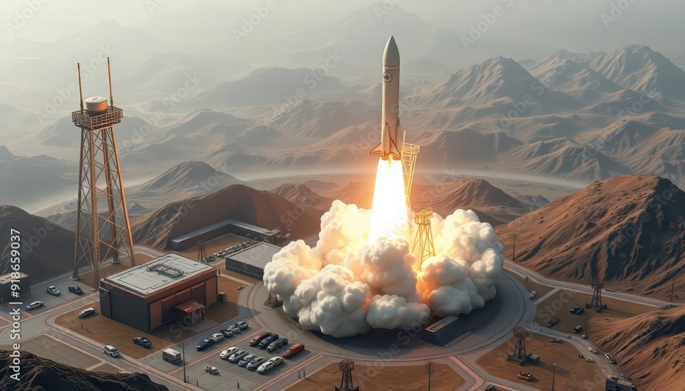 Poster rocket launch from desert launchpad.