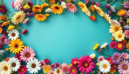 Colorful Flower Frame on Turquoise Background.