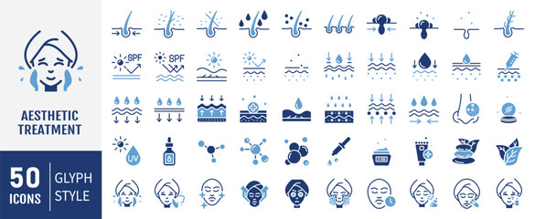 Skin care icons set. Moisture cream, acid, anti wrinkle serum, ceramide, collagen, retinol compound, sunscreen vector illustration.