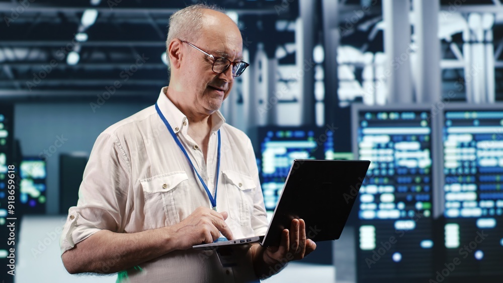 Poster trained it professional navigating network of servers in industrial place. manager with laptop ensur