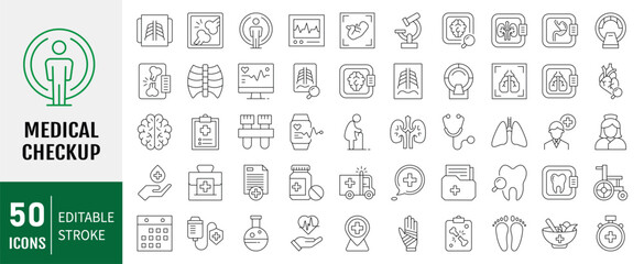Medical checkup line icon set. Editable stroke.  Containing as Medical, patient, medicine, pharmacy, nurse, prescription, medical report and more. Vector illustration