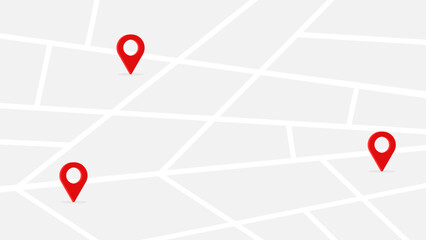 Three red location markers placed on a simple gray and white map. Geolocation and map themed background. 