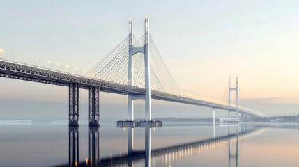 Obraz premium Modern Suspension Bridge Over a Misty River at Dawn