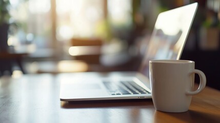 Modern Office Desk with Laptop and Coffee Mug