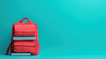 Fototapeta premium Full school backpack with books isolated on blue background with copy space.