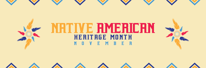 Native american heritage month. Vector banner, poster, card, content for social media with the text Native american heritage month, november. Blue background with native ornament.
